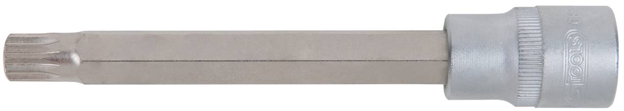 Langer Torx-Schraubendrehereinsatz aus silbernem Metall mit sechseckigem Griff, geeignet für Schraubarbeiten in Werkstätten.