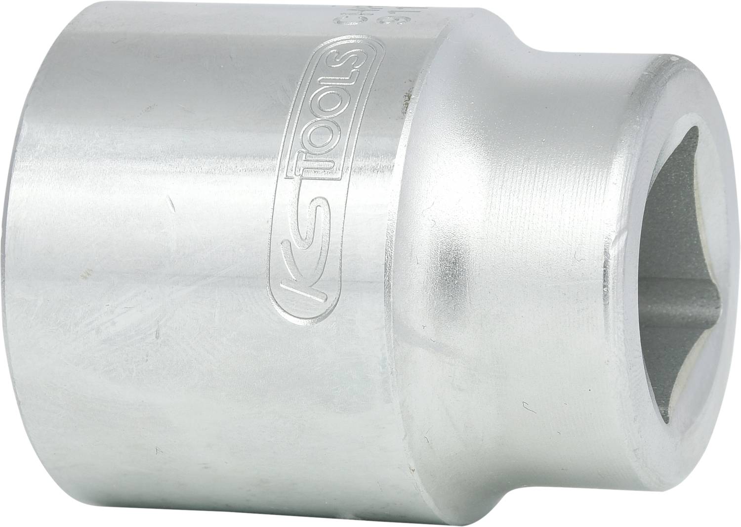 Ein silberner Steckschlüsseleinsatz mit sechskantiger Öffnung, graviert mit dem Logo 'KS Tools'. Hauptsächlich für mechanische Arbeiten verwendet.