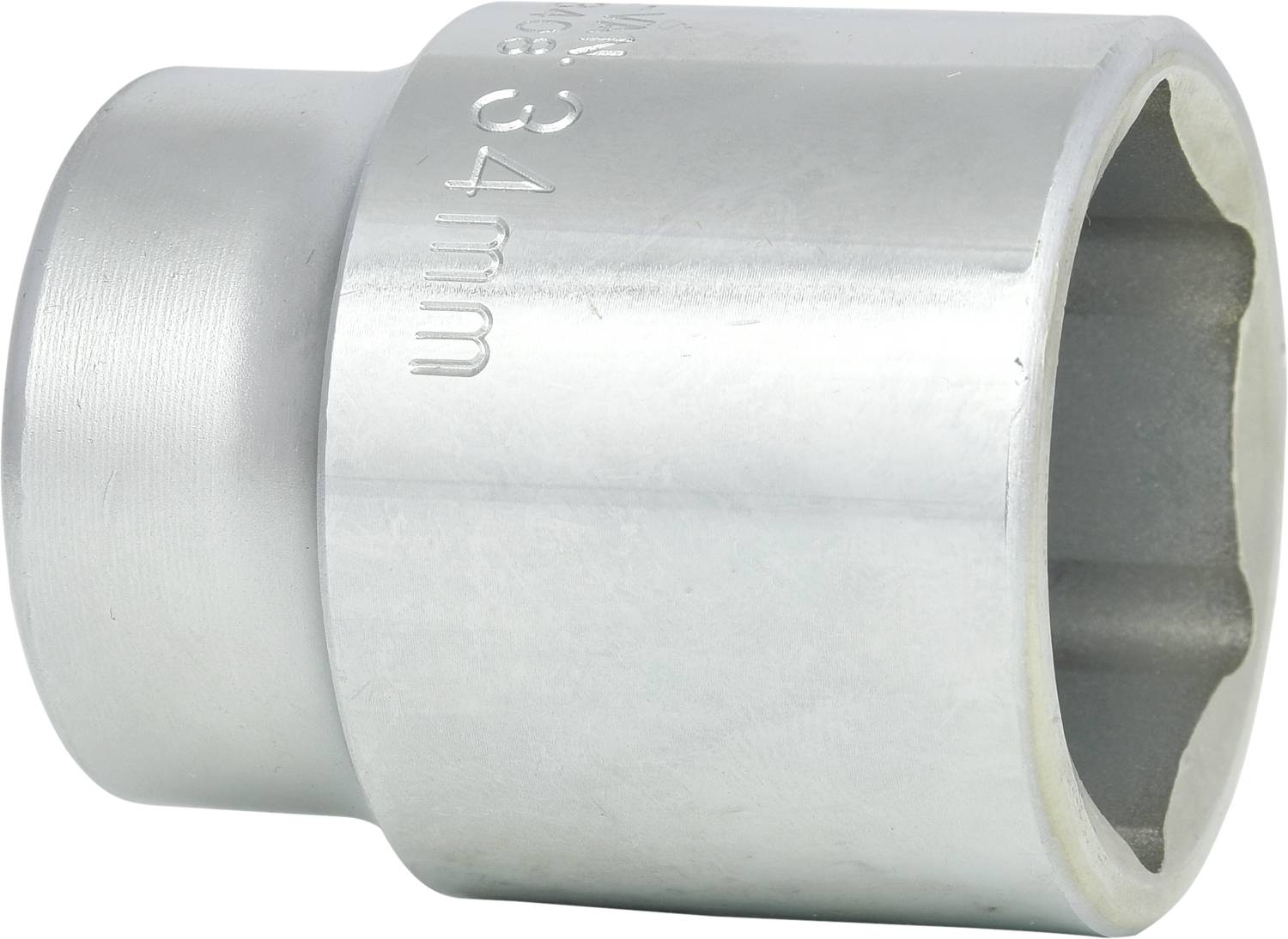 Silberfarbene Stecknuss mit einer Prägung '34 mm' auf der Oberfläche. Geeignet für Werkzeuge und mechanische Anwendungen.