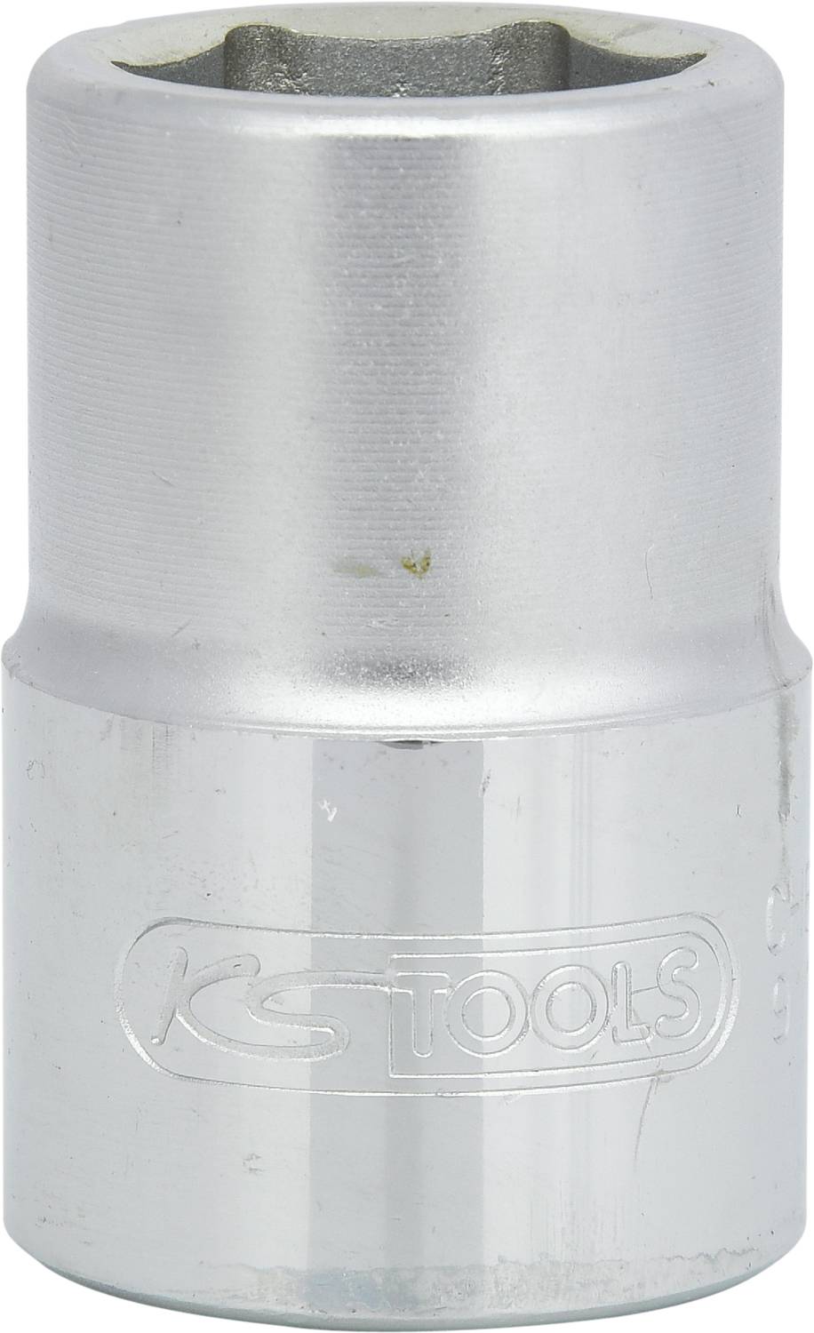 Metallschlagnuss mit sechseckiger Öffnung und Aufschrift 'KS TOOLS', verwendet für mechanische Anwendungen wie Schrauben und Muttern.