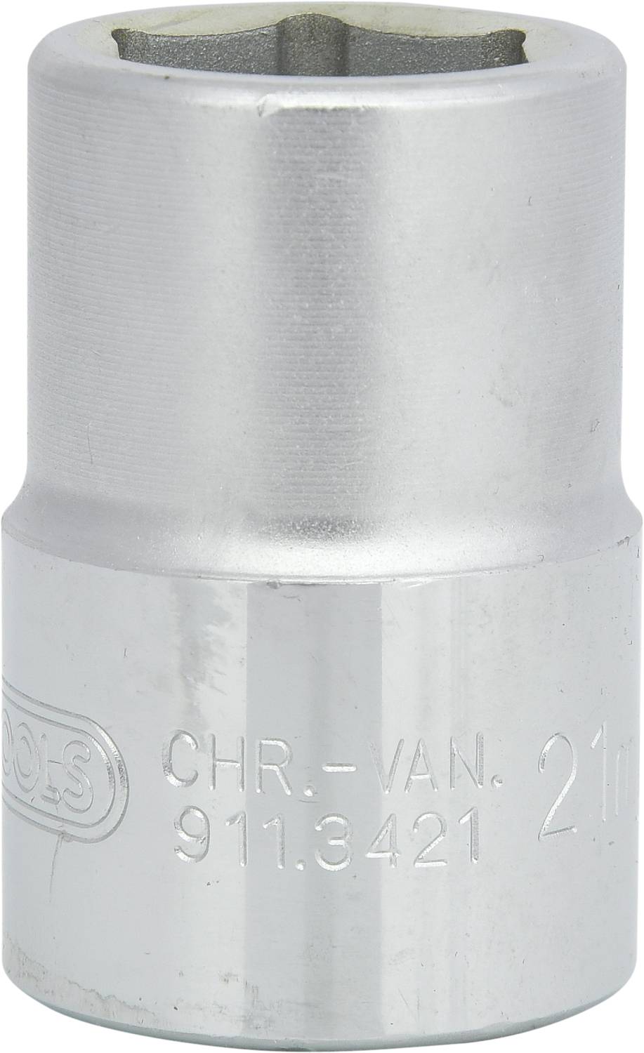 Ein silberner Steckschlüsseleinsatz mit der Aufschrift 'CHR-VAN. 21' und '911.3421', vermutlich für Schraubarbeiten oder Reparaturen.