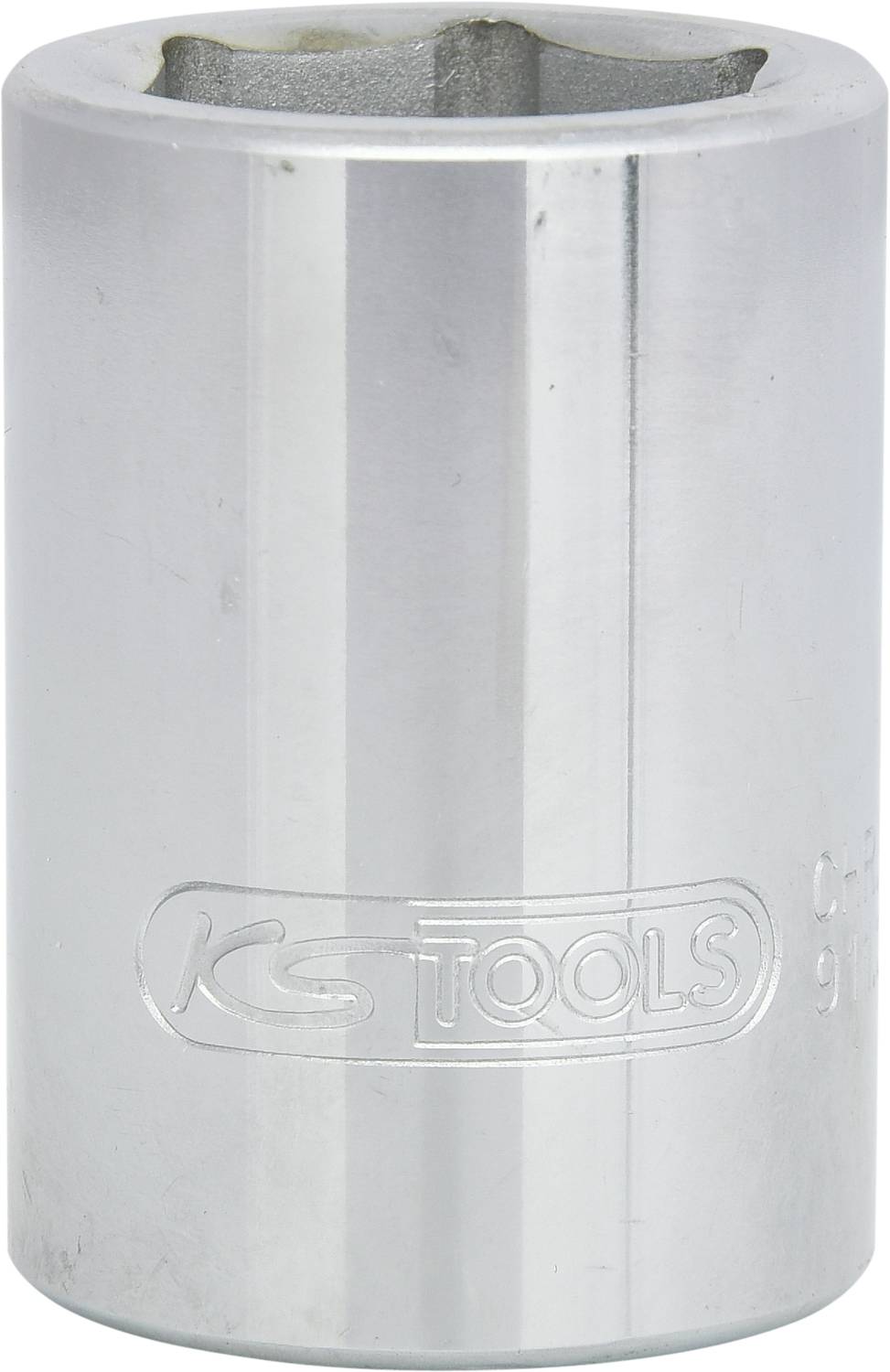 Metallsteckschlüssel, zylindrisch, in Silber, mit eingeprägtem 'KS TOOLS'-Logo auf der Seite. Verwendet zum Lösen von Schrauben.