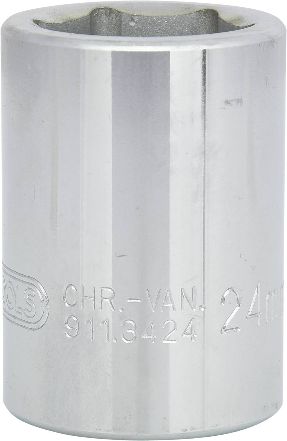 Metallische Steckschlüssel-Nuss mit 24 mm Gravur und Prägung 'CHR-VAN 911.3424', aus Chrom-Vanadium.