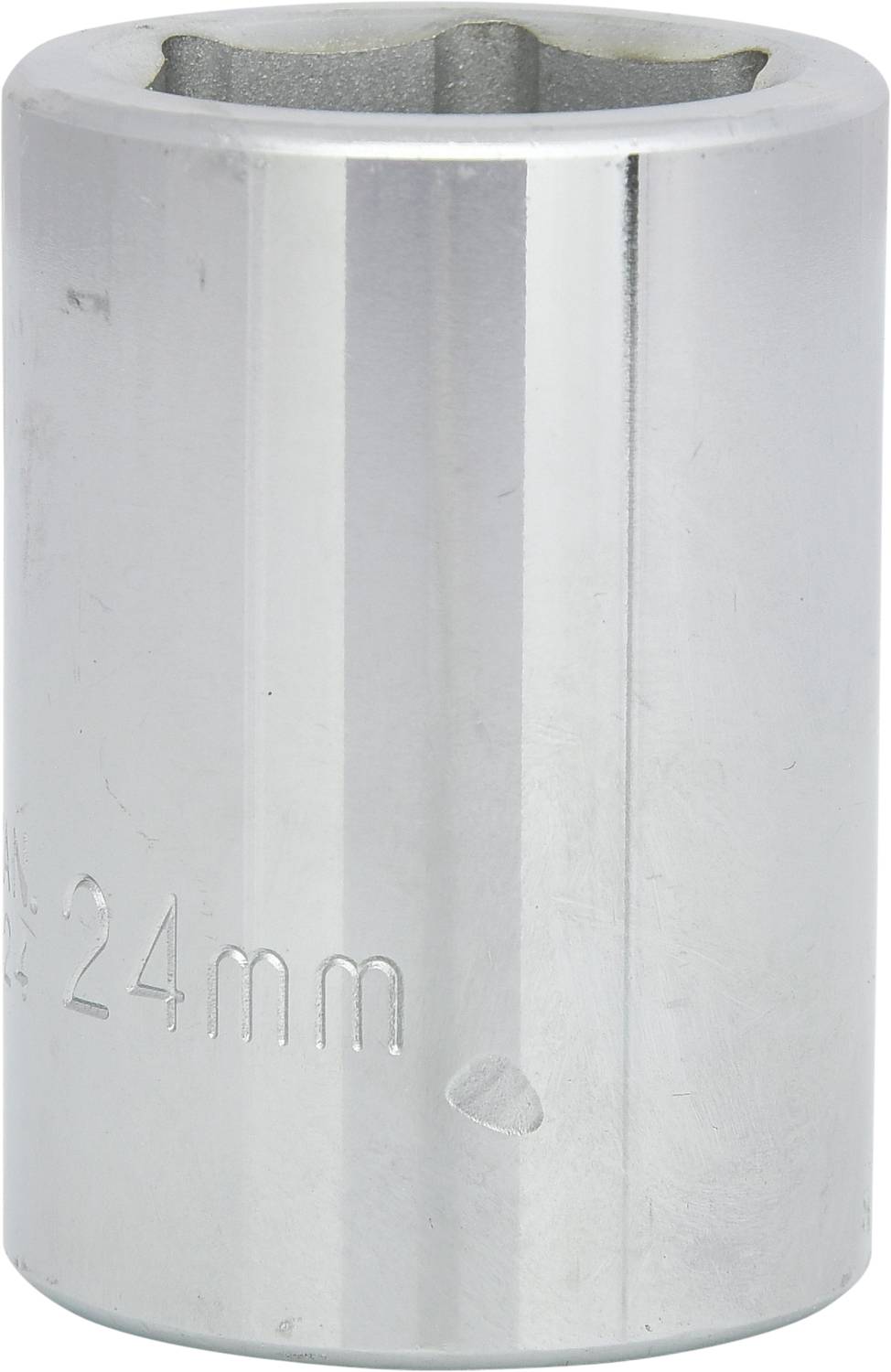 Ein silberner Steckschlüssel mit der Aufschrift '24mm'. Geeignet zum Lösen von Muttern oder Schrauben mit 24mm Durchmesser.