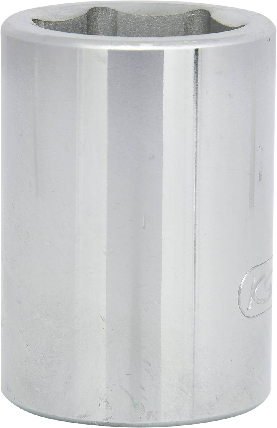 Eine glänzende, zylindrische Metallschraubnuss mit sechseckiger Öffnung oben.