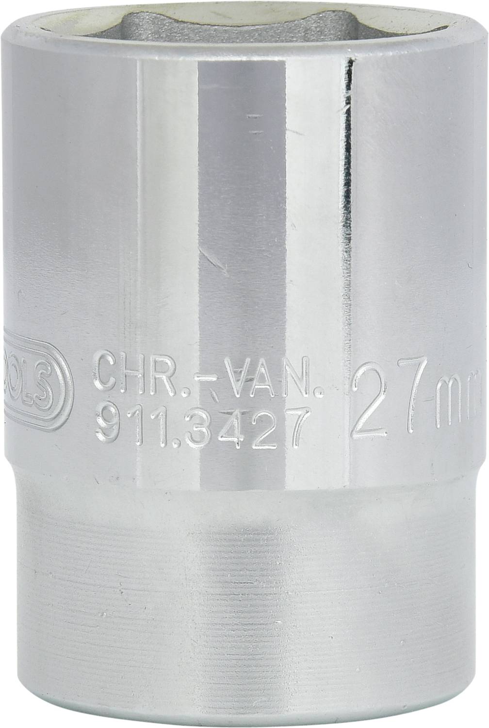 Eine silberne Stecknuss mit der Prägung '27 mm' und 'CHR-VAN 911.3427' auf der Seite.