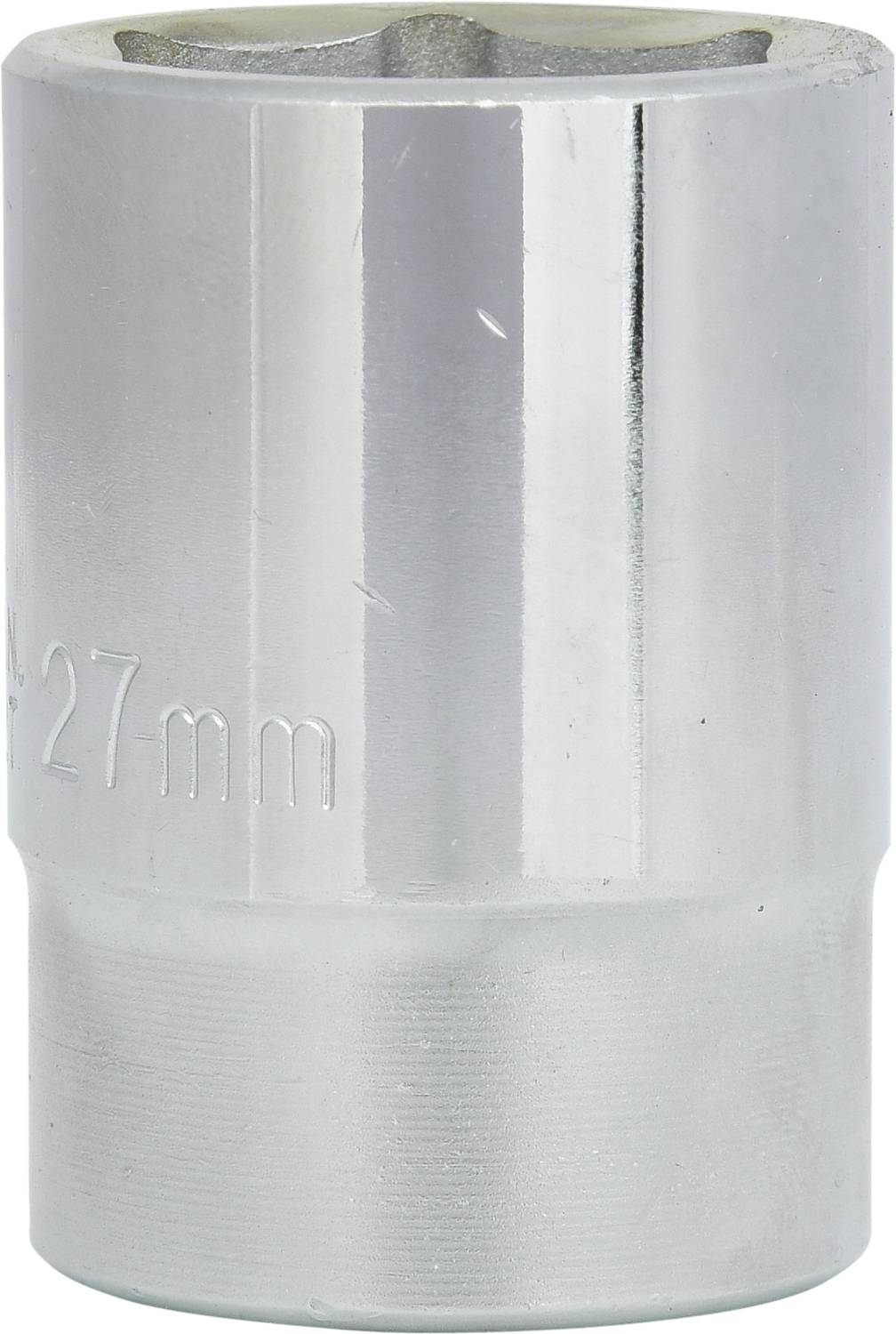 Metallische Steckschlüssel-Nuss mit sechskantiger Öffnung, 27 mm, glänzende Oberfläche, dient als Werkzeugaufsatz zur Drehmomentübertragung.