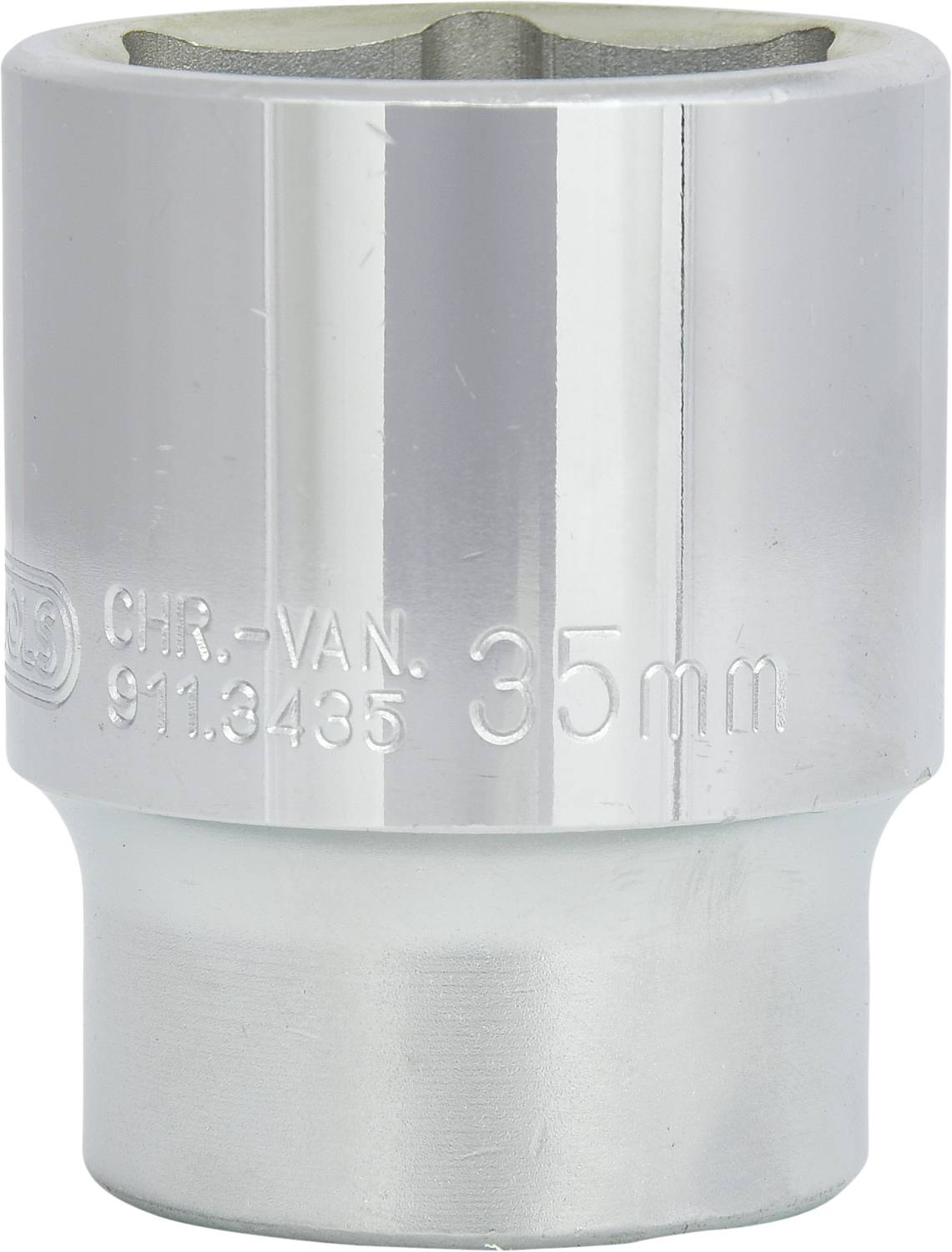 Eine silberne Stecknuss aus Metall, geprägt mit der Aufschrift '35 mm'.