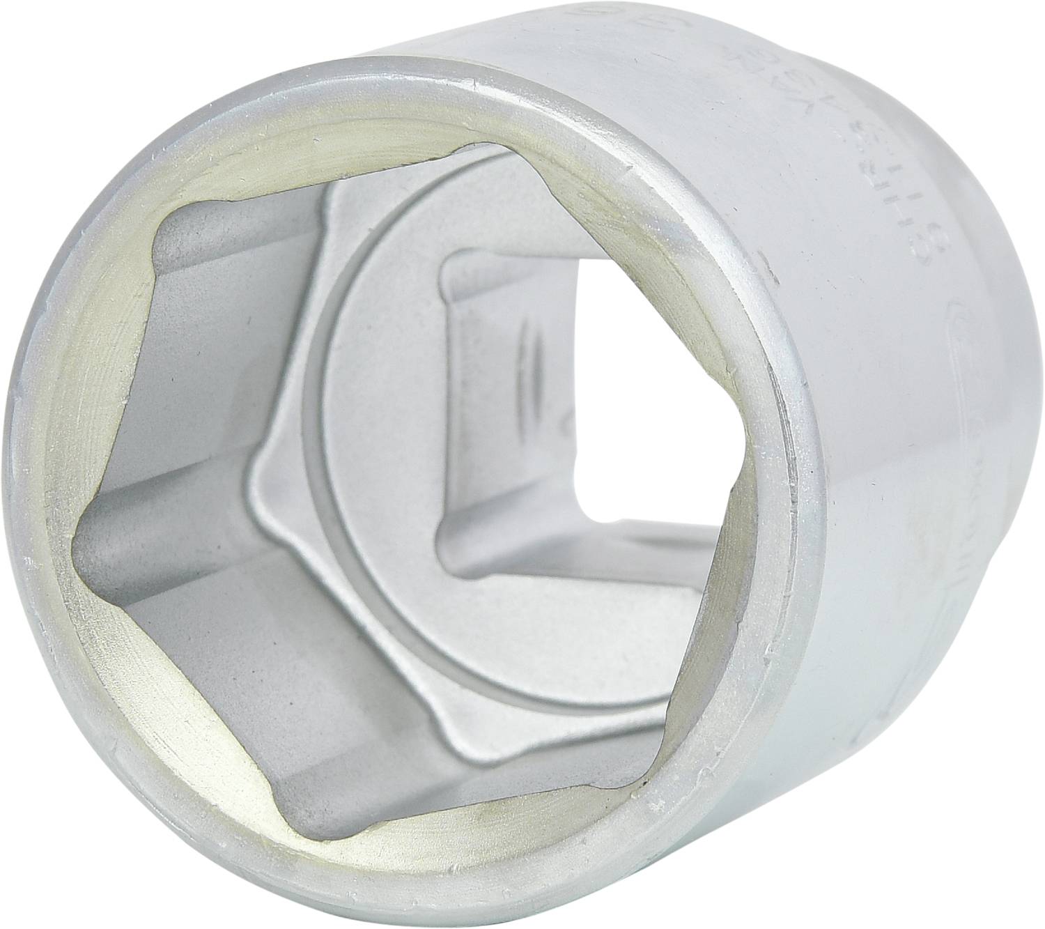 Metallischer Steckschlüssel-Aufsatz mit sechskantiger Öffnung, zum Anziehen und Lösen von Schrauben oder Muttern.