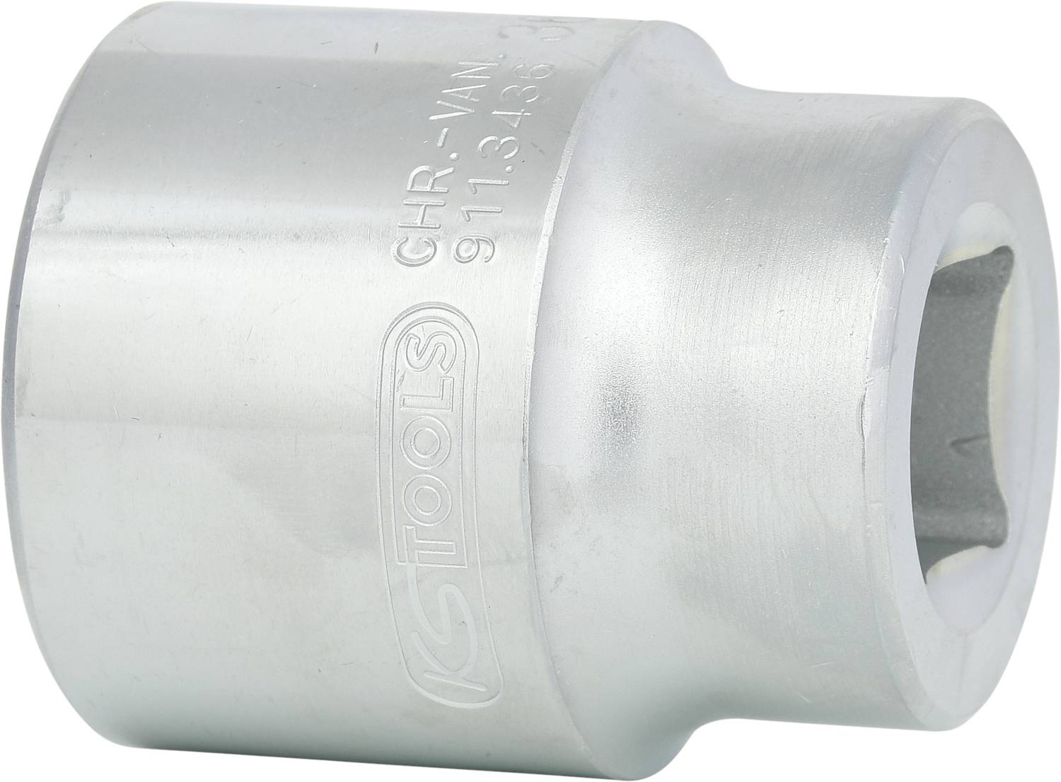 Silberne Sechskant-Nuss mit gravierter Beschriftung 'KS Tools'. Verwendet zur Befestigung oder Lockerung von Schrauben und Muttern.