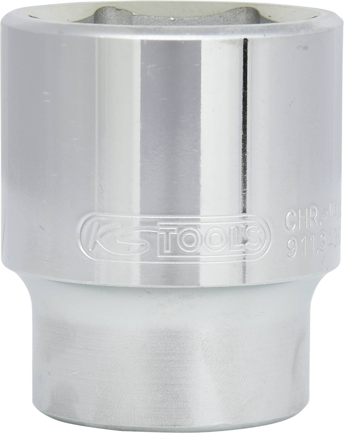 Metallsteckschlüssel mit chromglänzender Oberfläche. Firmenlogo und Modellnummer sind eingraviert. Verwendet für mechanische Arbeiten.