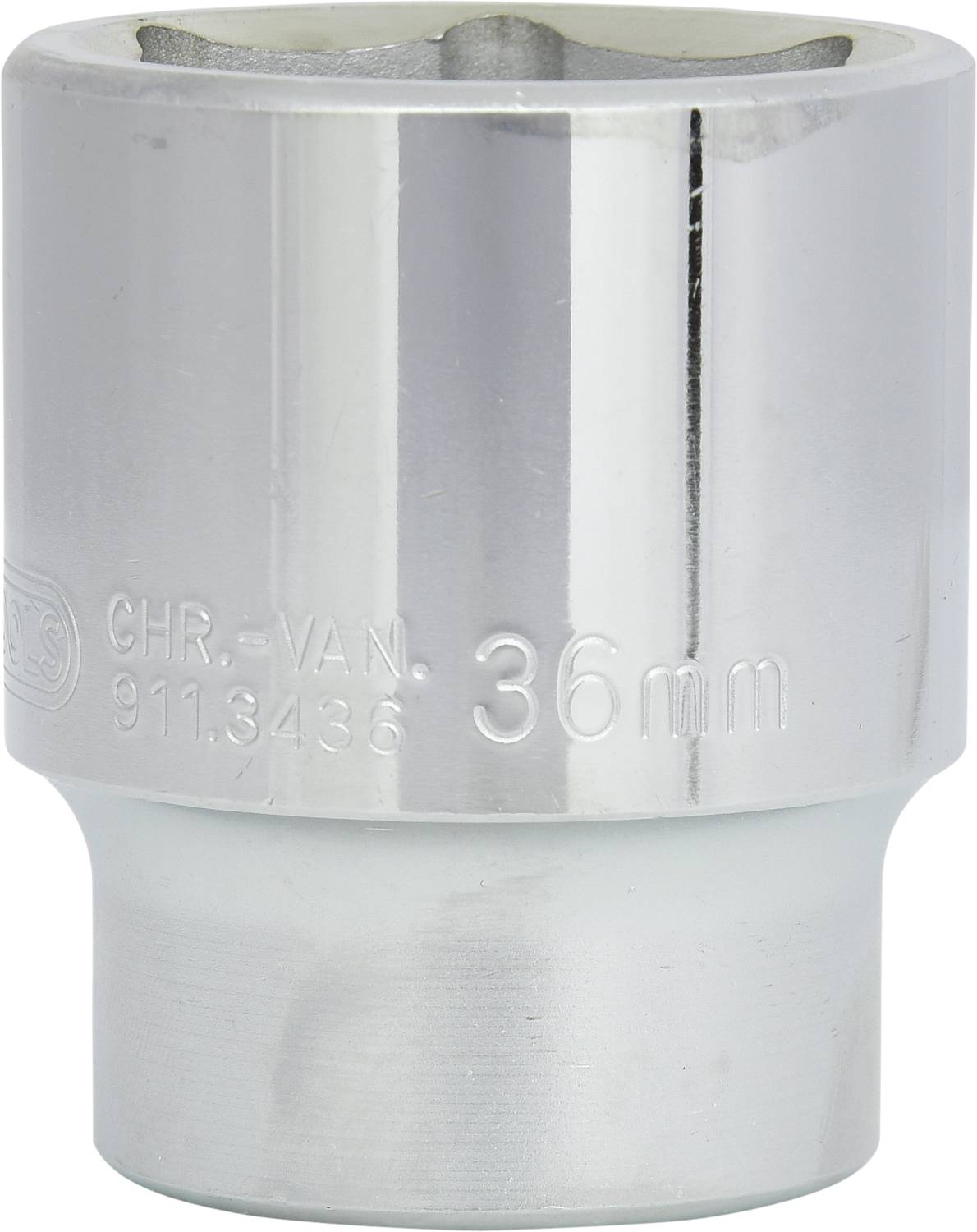 Eine 36mm Stecknuss aus verchromtem Stahl, geeignet für Schraub- oder Drehmomentwerkzeuge.