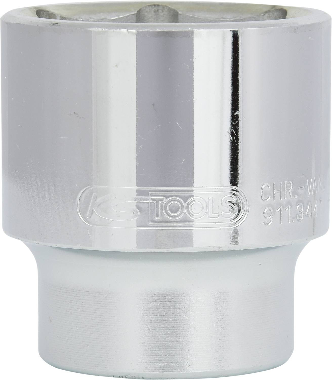 Silberne Stecknuss, prismatisch, mit Gravur 'KS Tools CHR-VAN 911.3441', auf hellem Hintergrund. Hauptsächlich für Werkzeuge verwendet.