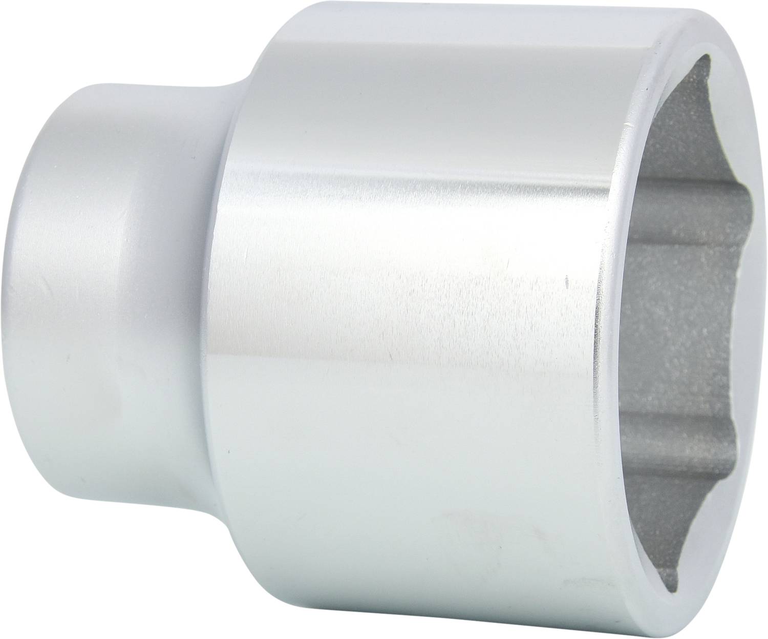 Silberne Stecknuss mit sechskantiger Öffnung, geeignet für mechanische Arbeiten oder Montagezwecke.