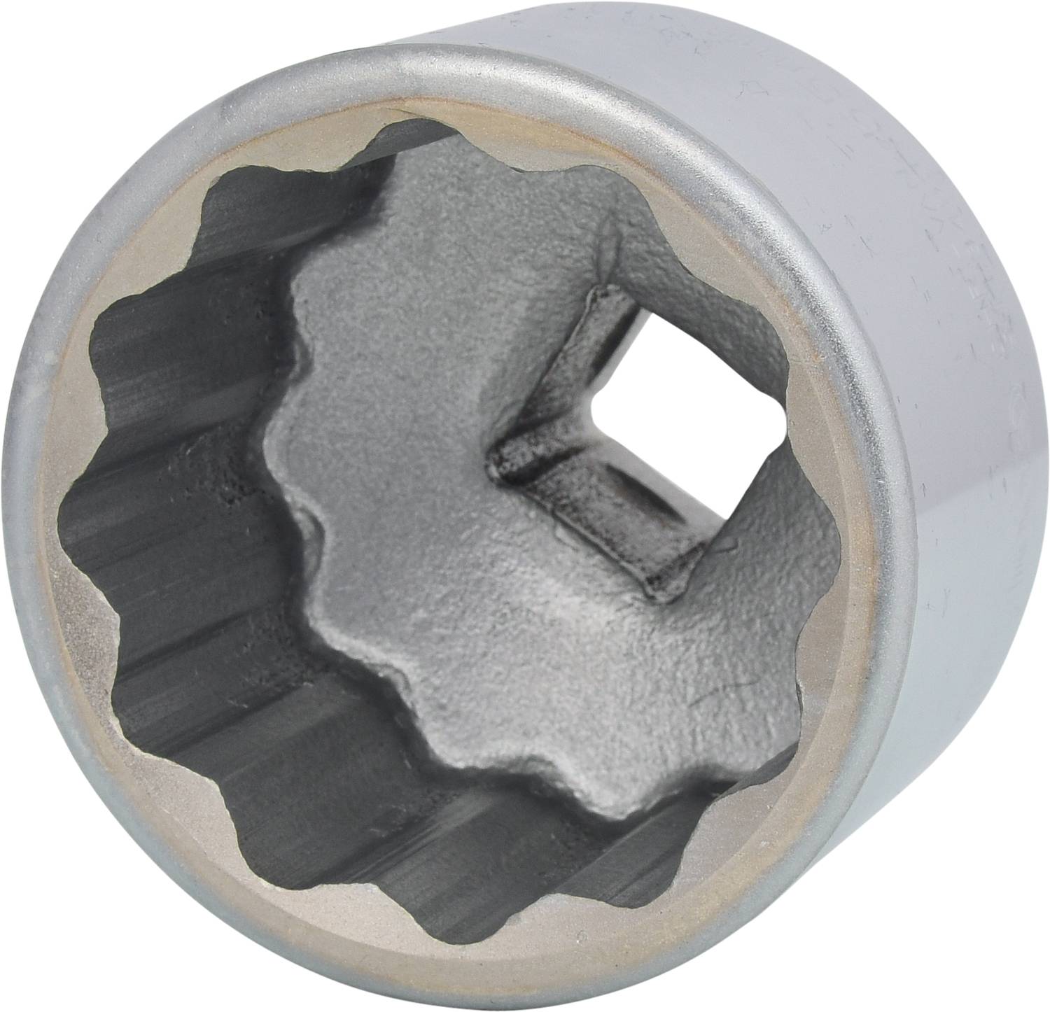 Grosser Stecknuss Adapter, 1 Zoll Größe, verchromt, mit zwölfkantiger Öffnung zur Kraftübertragung, in Silber.