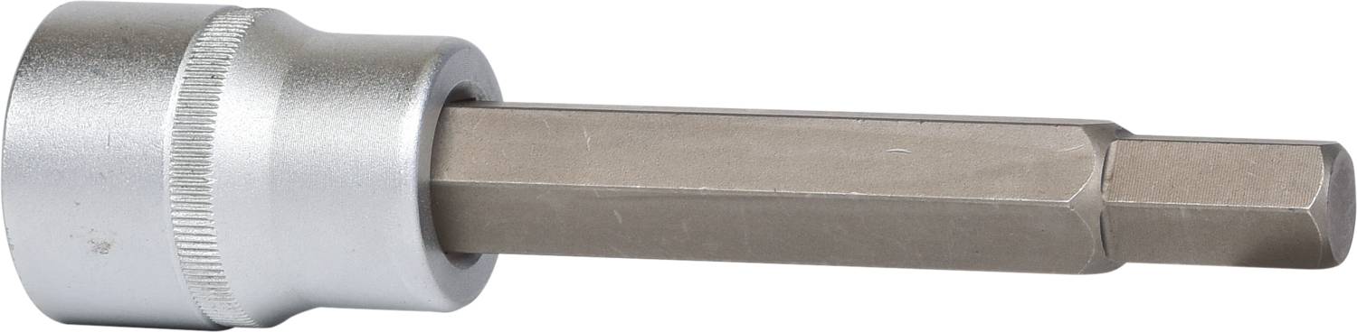 Ein silberner Steckschlüssel mit sechskantigem Schaft und runder Befestigung. Werkzeug zur Befestigung oder Lösung von Schrauben.