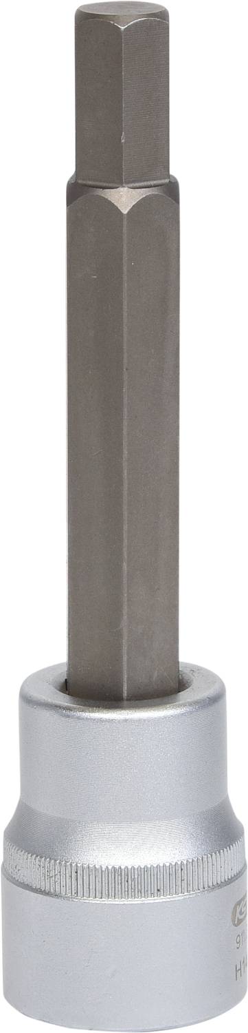 Ein silberner Steckschlüssel mit Sechskantkopf für handwerkliche Arbeiten. Hauptsächlich aus Metall, in vertikaler Ausrichtung.