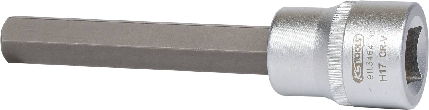 Ein silberfarbener Steckschlüsseleinsatz mit einem sechskantigen, grauen Bit; markiert mit '911364 H17 CR-V'.