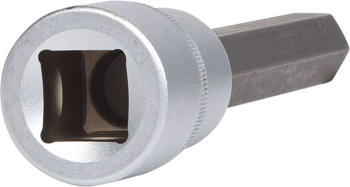 Sechskant-Bit-Einsatz aus Metall, quadratischer Ausschnitt vorne, graue Farbe, für Handwerkzeuge wie Schraubenschlüssel geeignet.
