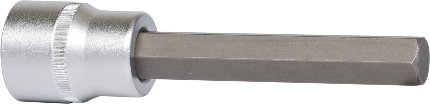 Sechskant-Bit in silbernem Steckschlüsselaufsatz, seitlich liegend.