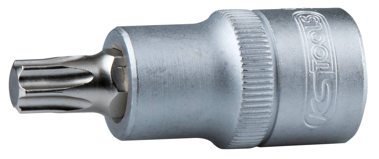 Eine silberne Torx-Bitstecknuss für Schraubarbeiten, zylinderförmig mit seitlichem Rillenmuster für besseren Halt.
