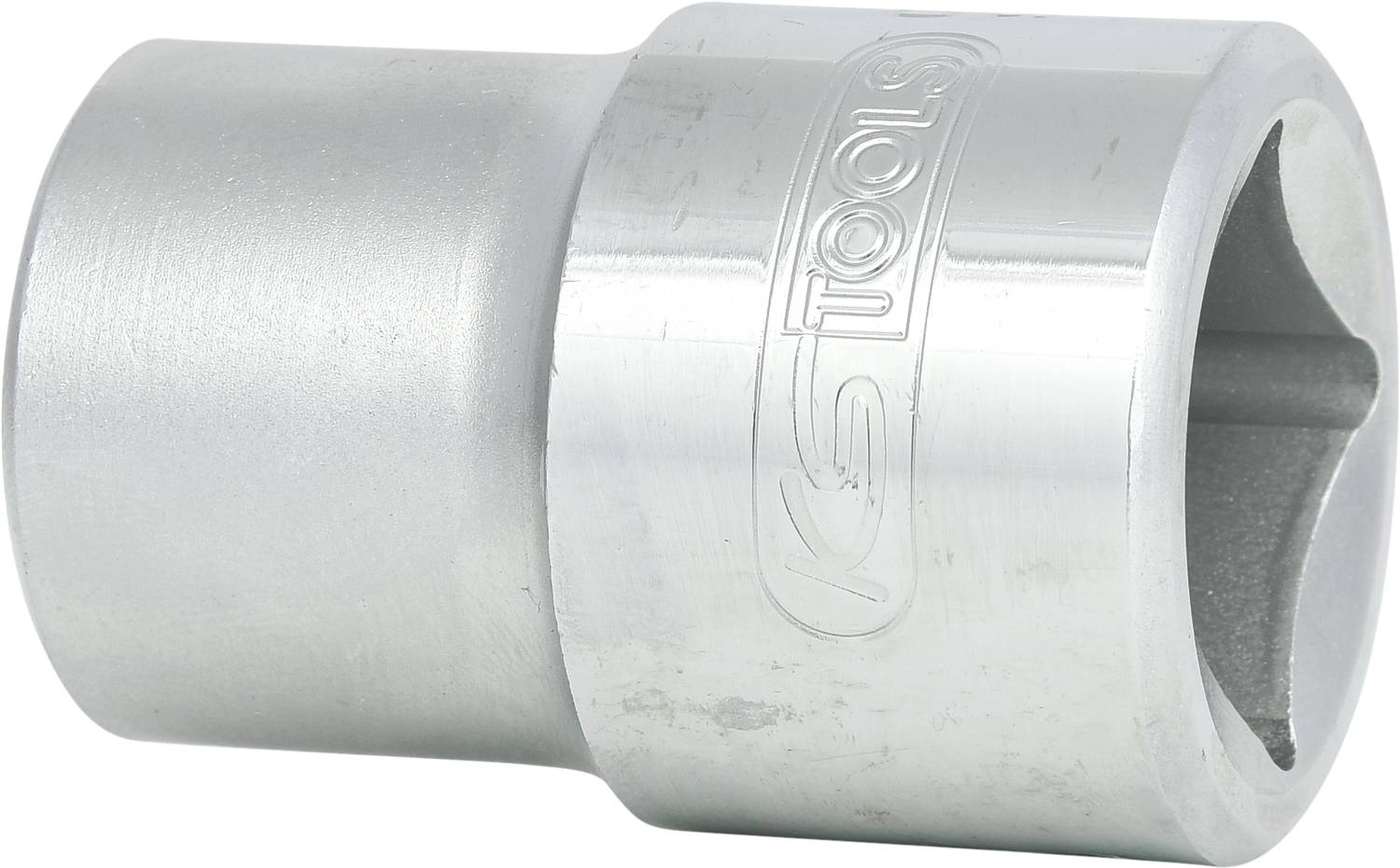 Metallische Stecknuss mit sechskantiger Öffnung, geprägt mit 'Tools'. Verwendet zum Lösen oder Festziehen von Schrauben und Muttern.