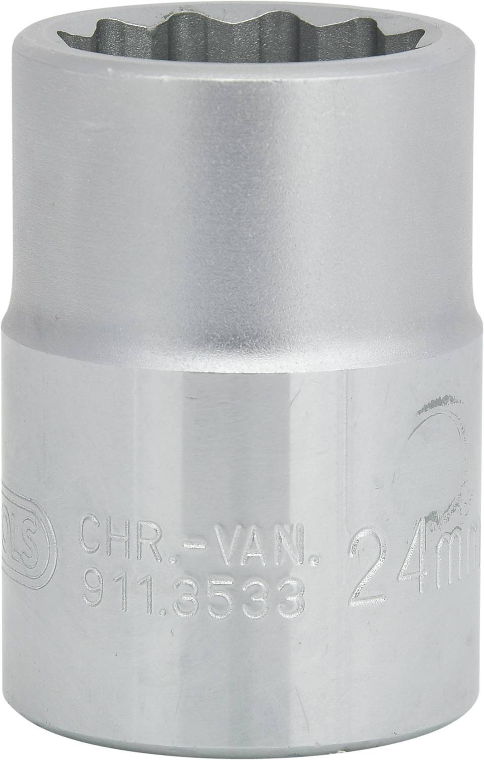 Steckschlüsselaufsatz aus Metall, zylindrisch, mit gravierter Beschriftung 'CHR-VAN. 24mm 911.8533'. Hauptsächlich für mechanische Arbeiten verwendet.