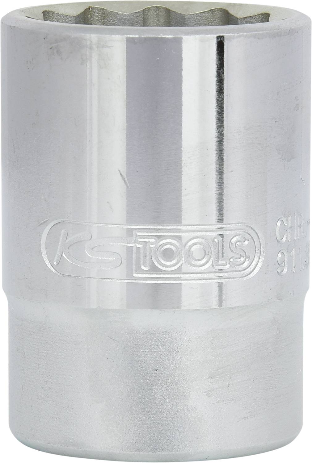 Silberne Stecknuss mit zwölfkantiger Innenform, markiert mit Logo und Aufschrift 'KS Tools'.