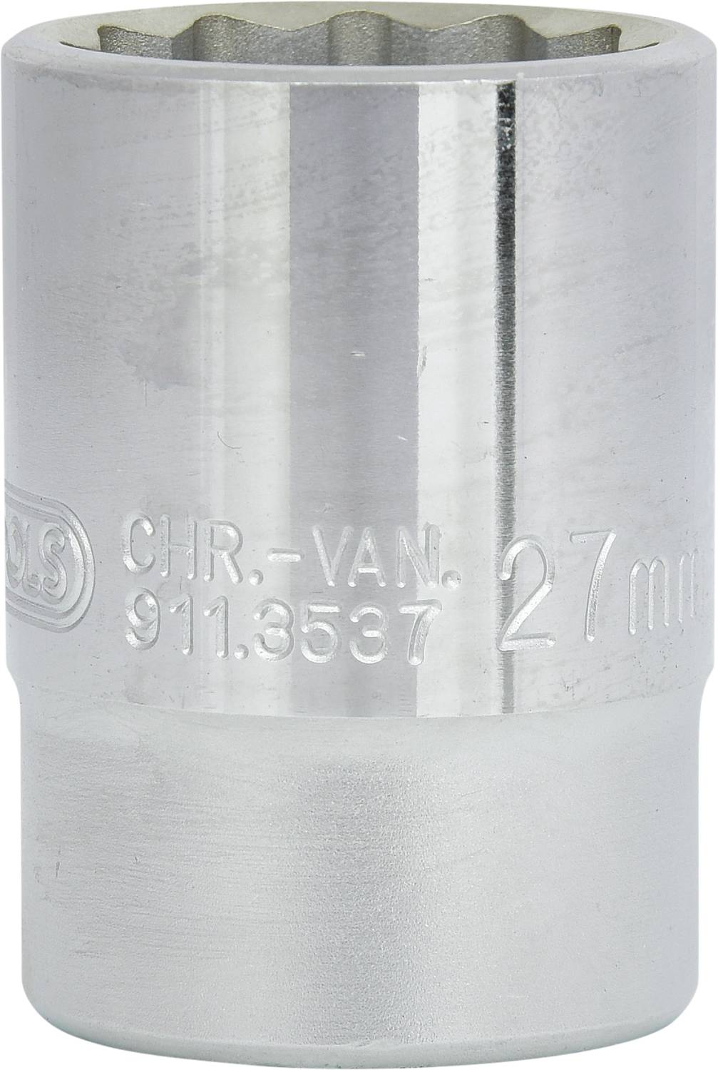 Eine silberne Stecknuss mit einer Gravur '27 mm CHR-VAN 911.8537', verwendet für Schraubarbeiten.