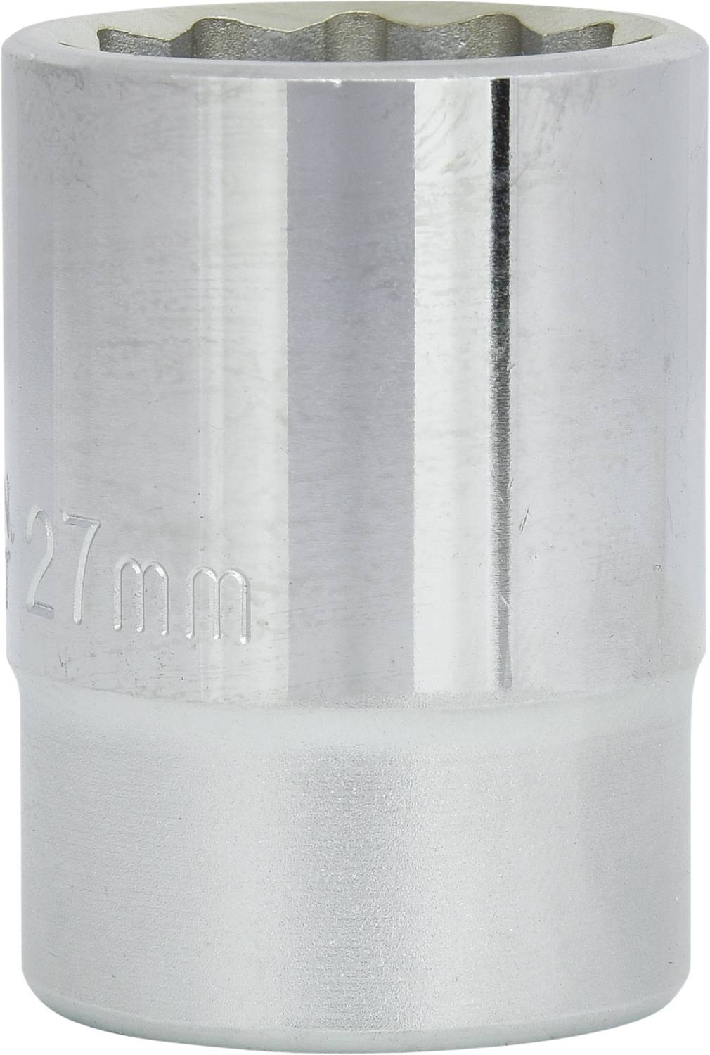 Ein sechskantiger Steckschlüssel aus Metall, 27 mm Größe, für den Einsatz mit Ratschen in mechanischen Anwendungen.