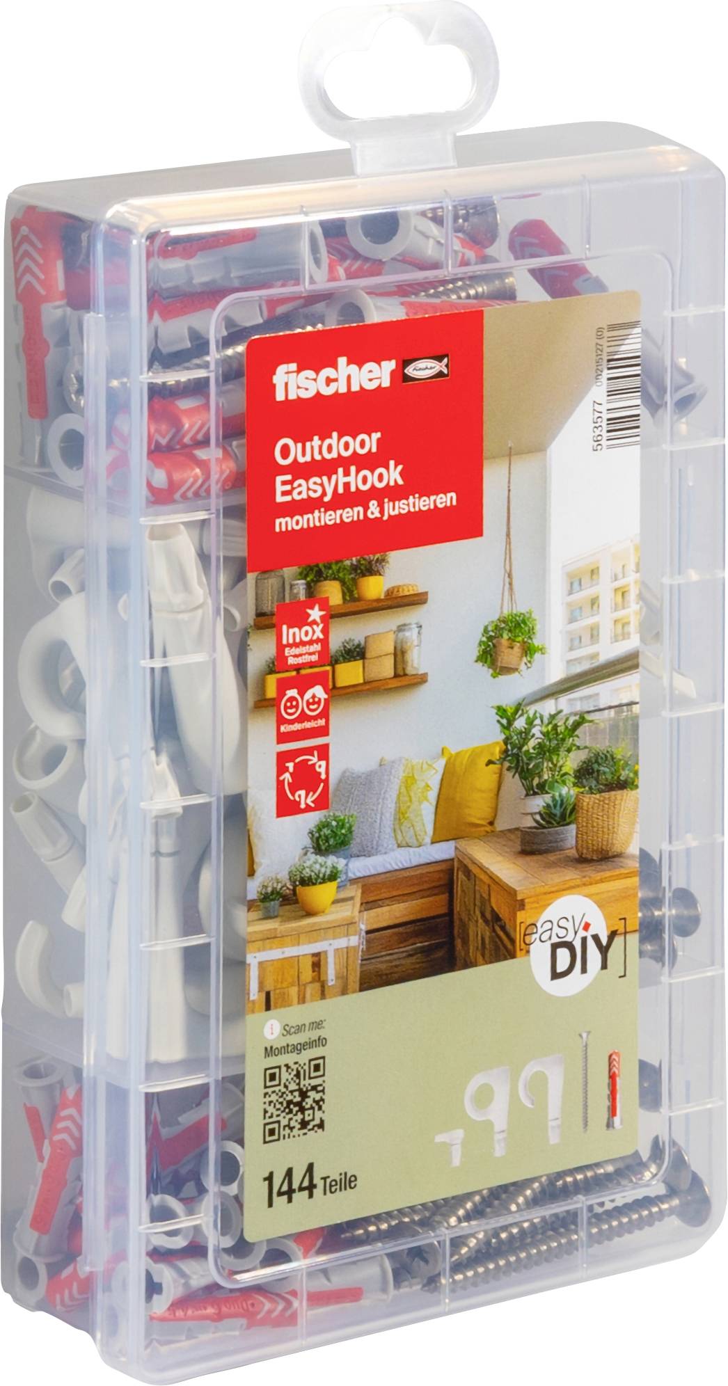 Verpackung einer Fischer Outdoor EasyHook Box mit 144 Teilen. Enthält Haken und Dübel zur Wandmontage. Ideal für Heimwerkerprojekte.