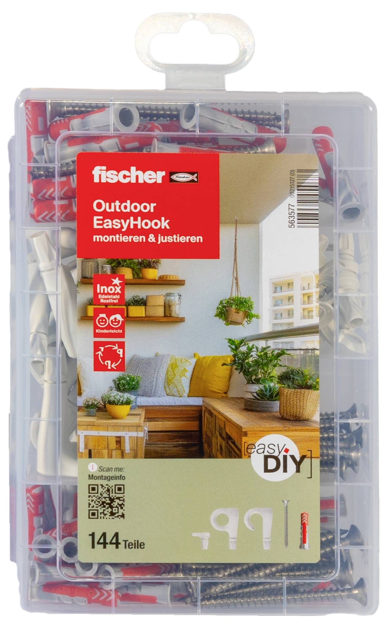 Eine Verpackung mit 144 Fischer-Befestigungsteilen, geeignet für 'EasyHook Outdoor'. Gezeigt sind Schrauben und Dübel.