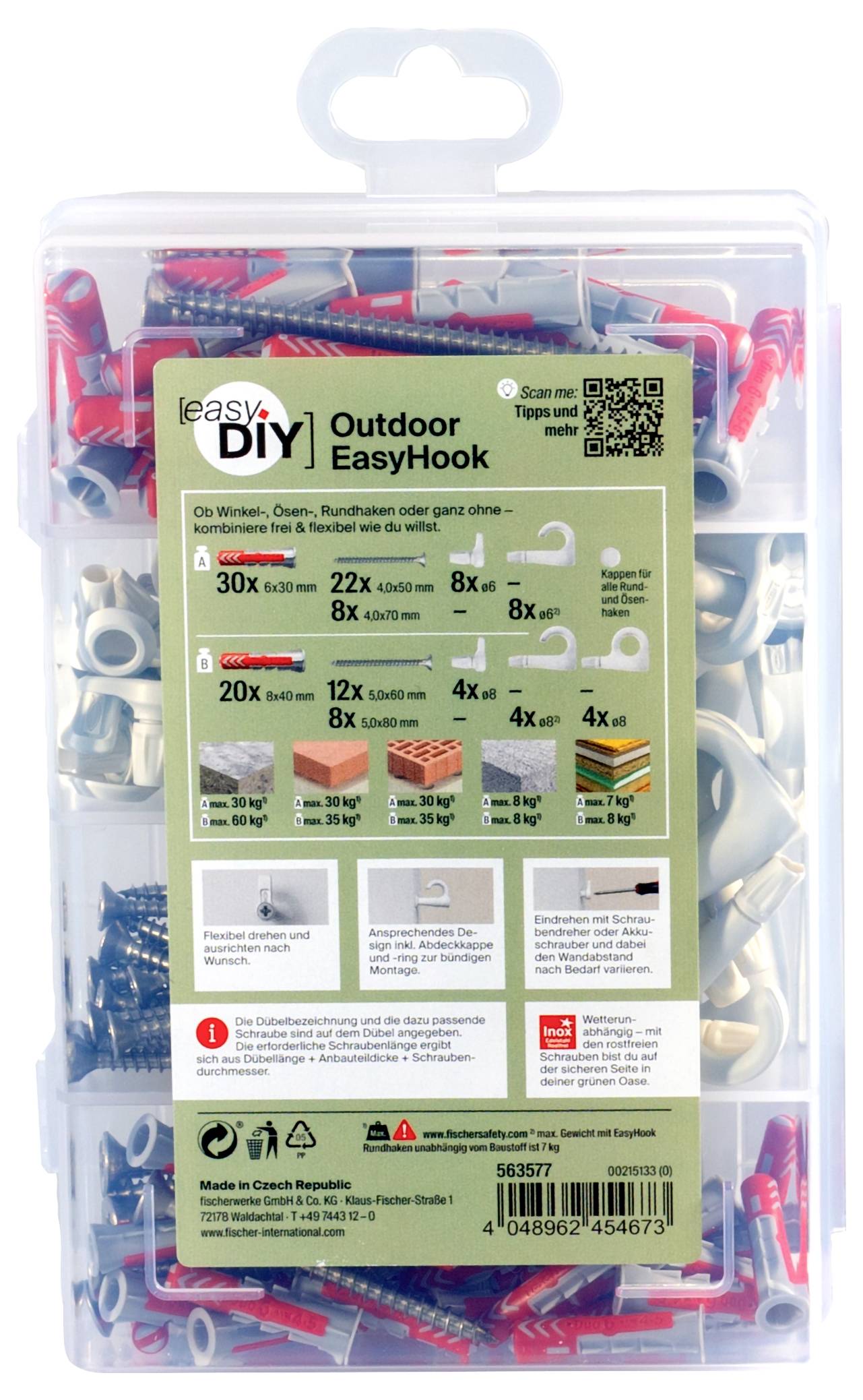 Eine Plastikbox mit einem Set Outdoor EasyHook, inklusive Haken, Dübeln und Schrauben in verschiedenen Größen und Farben.