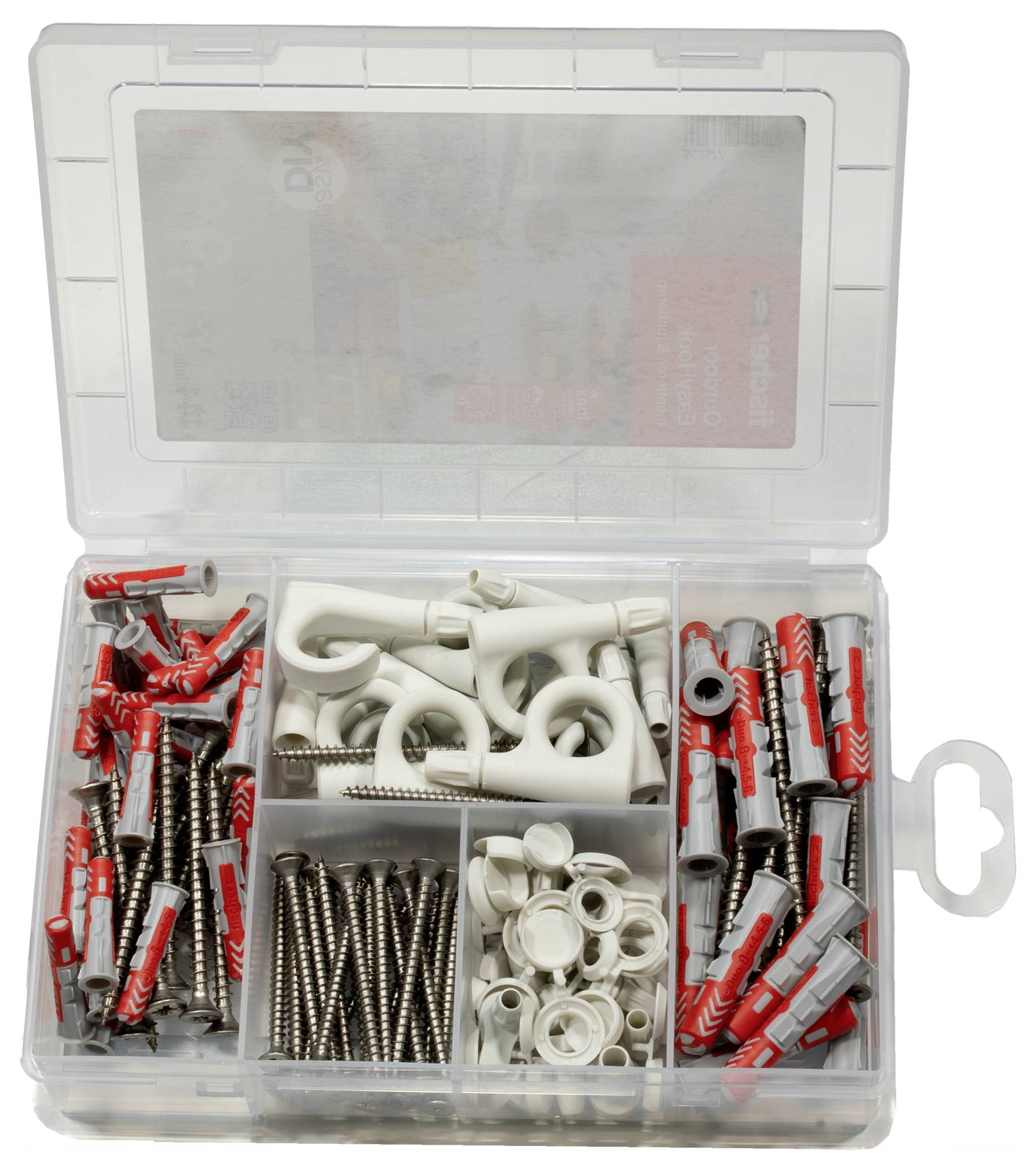 Aufbewahrungsbox mit verschiedenen Schrauben und Dübeln, hauptsächlich in rot und weiß, sortiert in Fächern für Heimwerkerarbeiten.