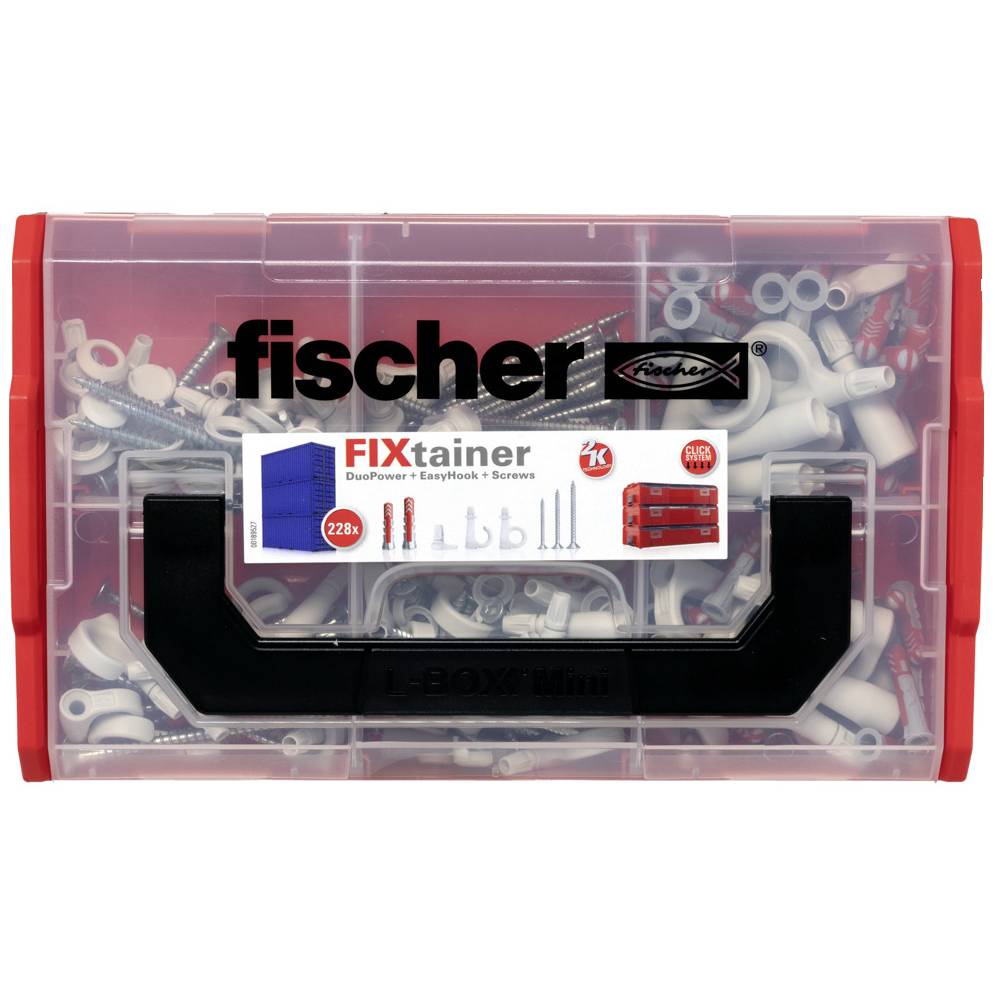Kunststoffbox mit fischer-Befestigungselementen. Enthält Dübel, Schrauben und Zubehör. Etikett: FLEXtainer, DuoPower, EasyHook.