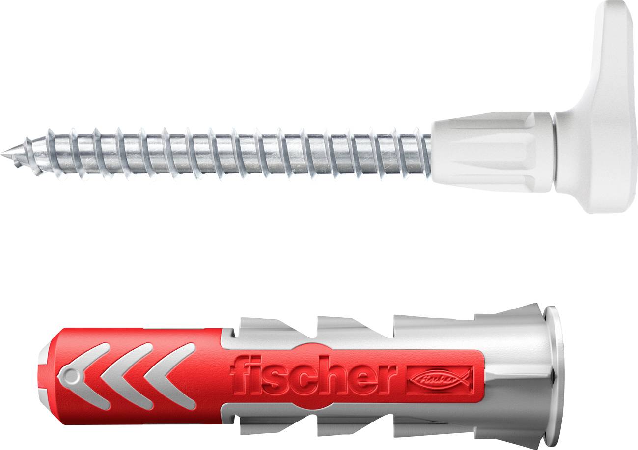 Wandstecker und Schraubensatz. Die Schraube hat einen weißen Kunststoffkopf und ist über einem roten und grauen Wandstecker mit der Aufschrift 