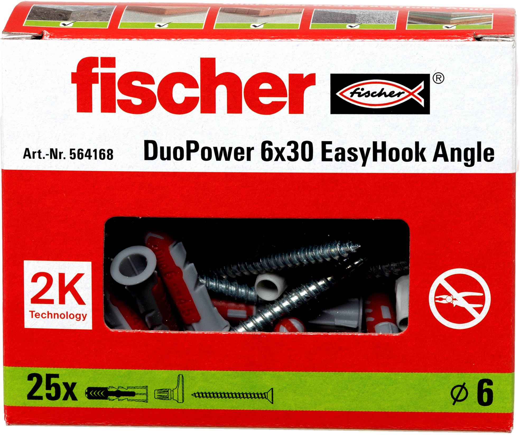 'Fischer DuoPower 6x30 EasyHook Angle', Packung mit 25 Artikeln, Schrauben und Dübel sichtbar im Inneren, Rot- und Grünfarbschema.
