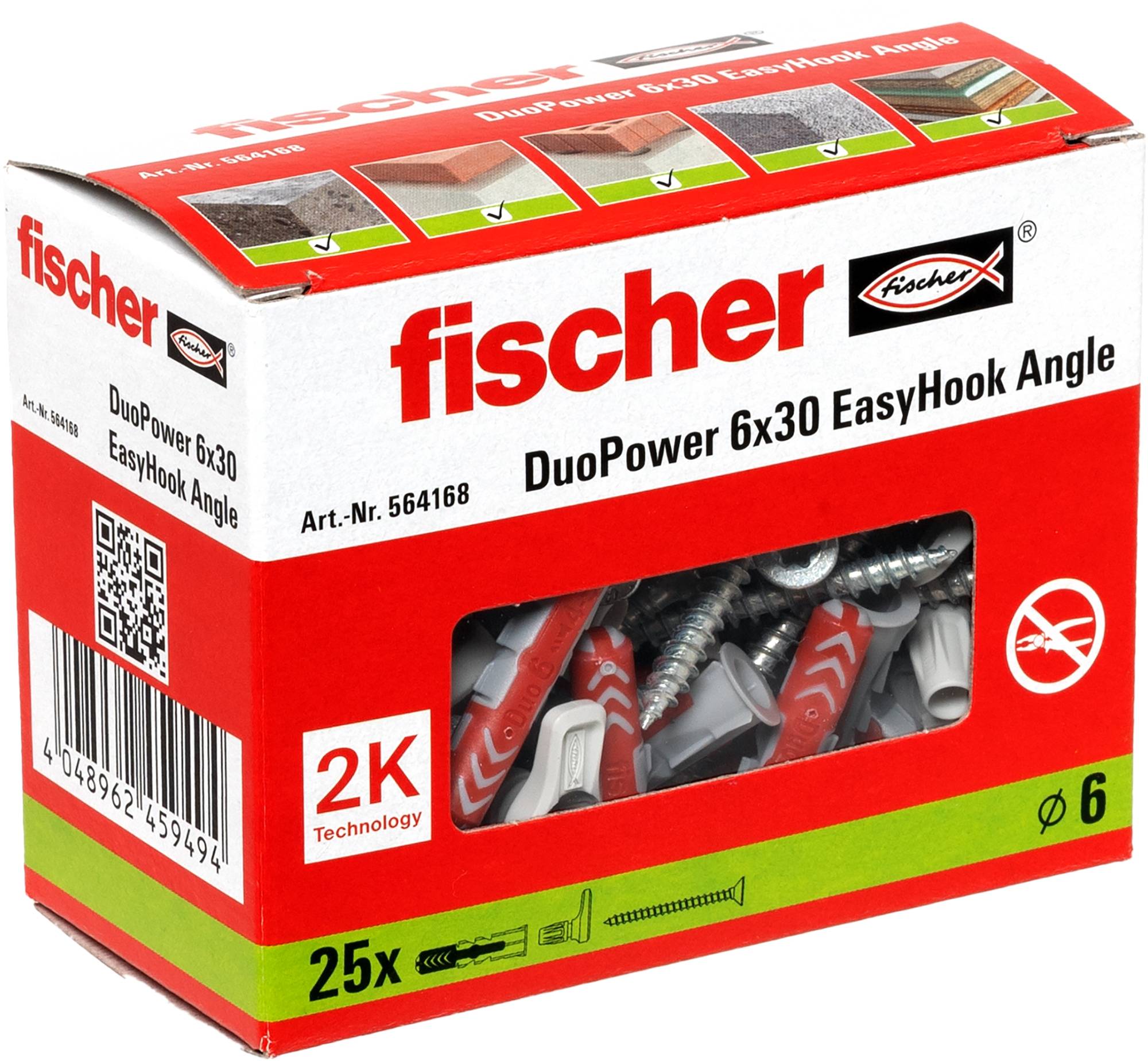 Karton mit 25 fischer DuoPower 6x30 EasyHook Winkeldübel, mit rot- und grauem Kunststoffdesign, auf der Verpackung mit Verwendungsabbildungen dargestellt.