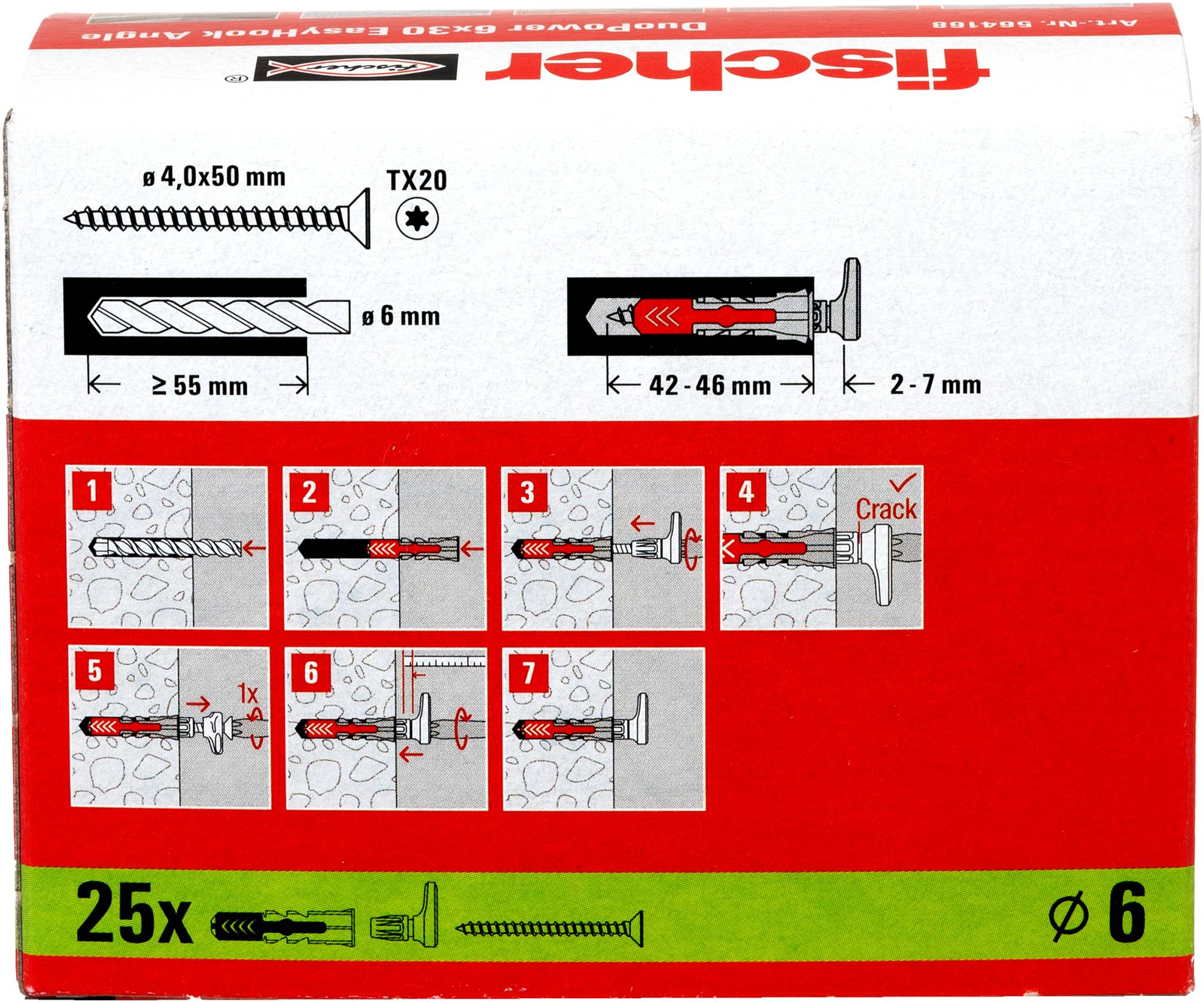 Fischer Duopower 25x Schrauben und Dübel Paket. Anleisungsbilder zur Verwendung mit Schritten zum Bohren, Einfügen des Dübels und Befestigen der Schraube.