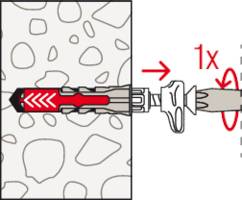 Illustration einer Wanddübelinstallation: Schraube wird in den Dübel getrieben und dehnt ihn sicher in der Betonwand aus mit '1x' Pfeil.