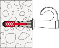 Diagramm eines Wandankers mit einem Haken, der in eine Wand eingeführt ist. Der Anker dehnt sich in der Wand aus und sichert den Haken an seiner Position.