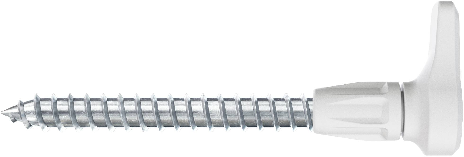 Eine Metallschraube mit weißem Kunststoffflügel-Kopf, konstruiert zum manuellen Anziehen oder Lockern, auf einem einfachen Hintergrund gezeigt.