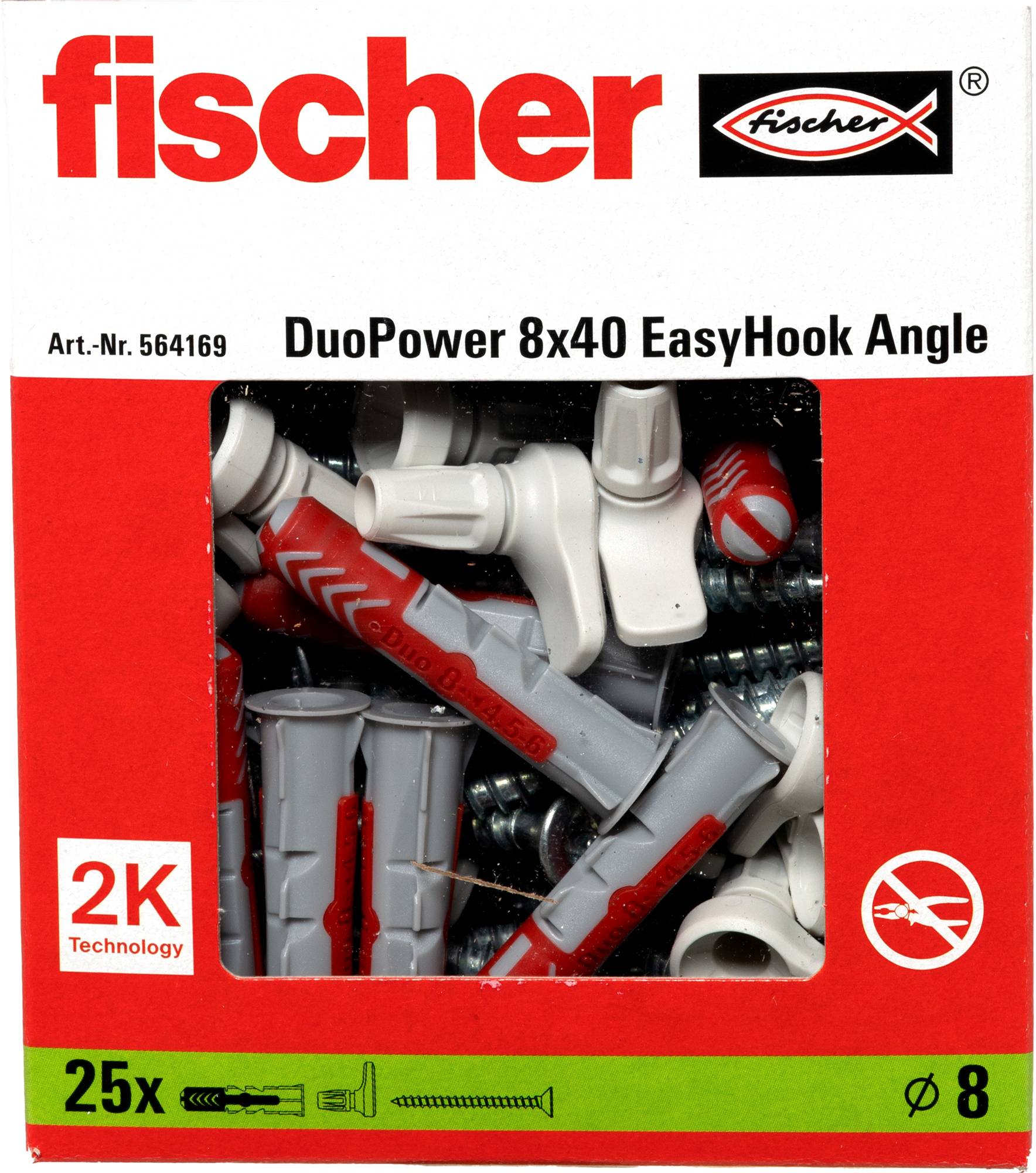 'Fischer DuoPower 8x40 EasyHook Angle' Verpackung mit Wandsteckern und mitgelieferten Schrauben, geeignet für verschiedene Befestigungsanforderungen.