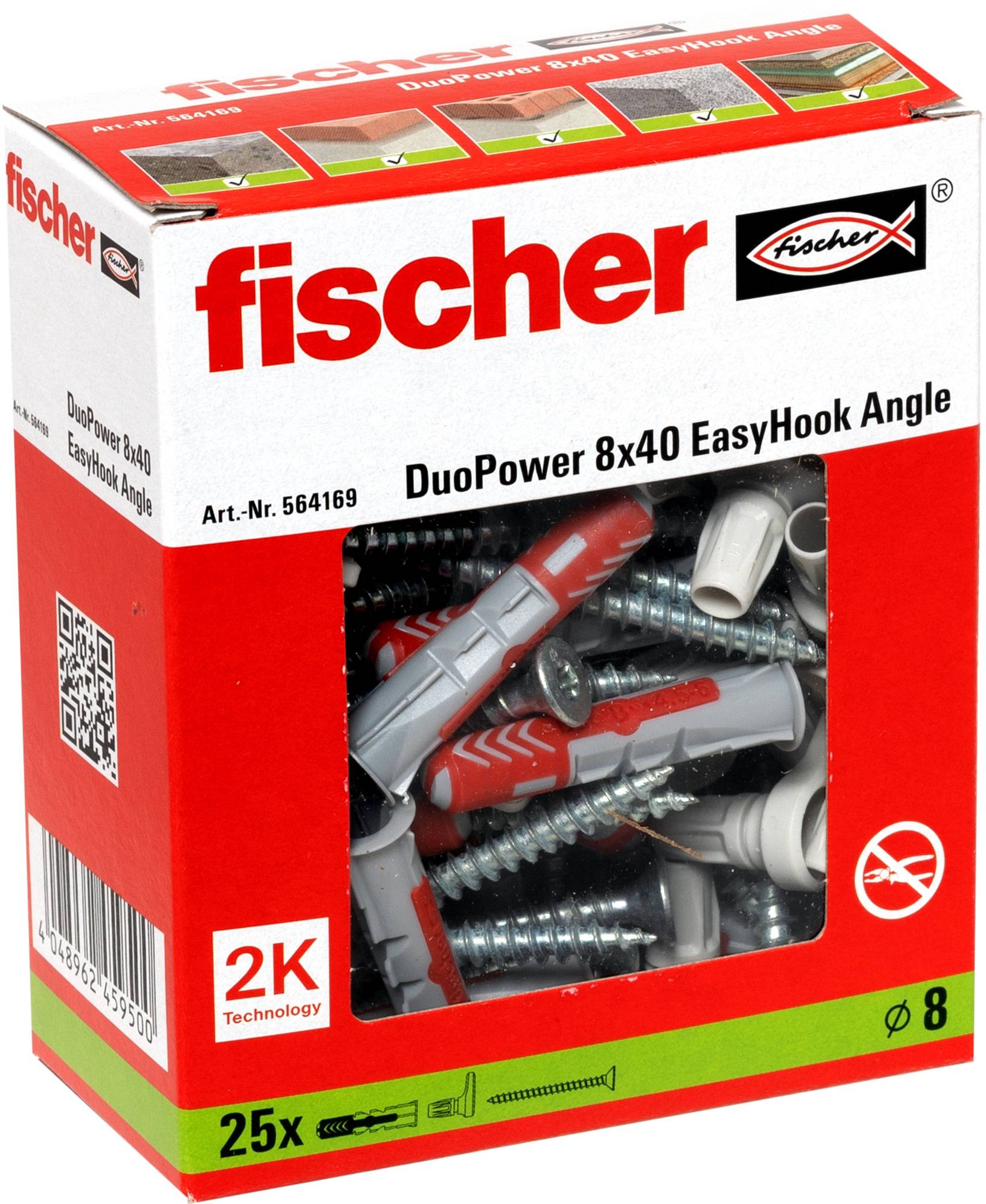 Kasten mit Fischer DuoPower 8x40 EasyHook Winkeldübel und Schrauben, präsentiert 2K-Technologie, mit rotem und grauem Design.