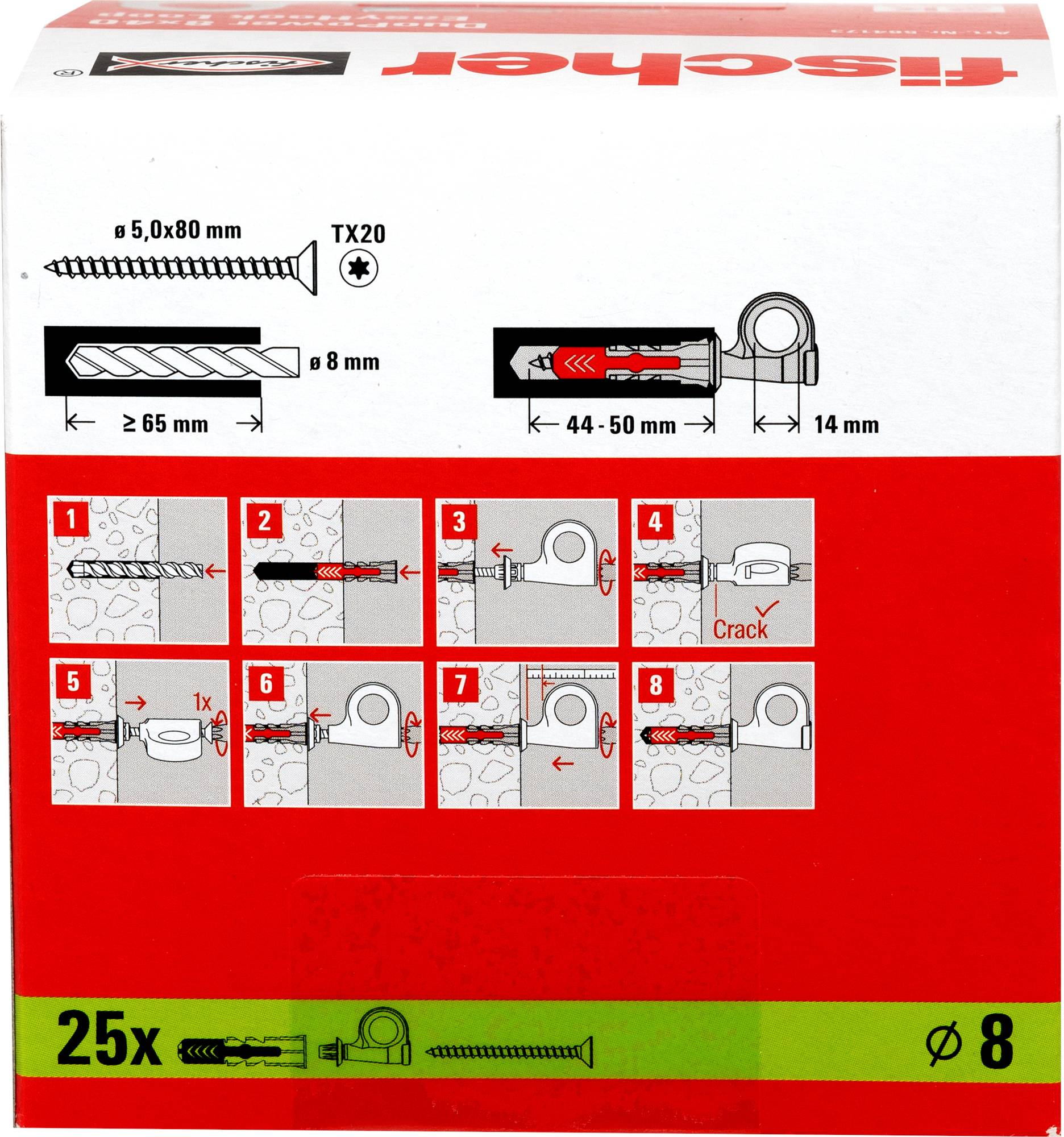 Fischer 5,0 x 80 mm Schrauben und Dübel. Set beinhaltet 25 Stück. Installationsanleitung: 1 bis 6 Schritte zur Wandmontage.