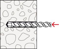 Eine Illustration eines Bohrers, der eine Oberfläche durchdringt, mit einem roten Pfeil, der die Bohrrichtung durch das Material anzeigt.