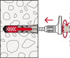 Diagramm, das die Verwendung von Ankerstiftbolzen in einer Betonwand zeigt. Ankerstift in das gebohrte Loch einführen; Bolzen mit einer Drehbewegung im Uhrzeigersinn anziehen, um die Befestigung zu sichern.