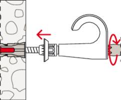 Diagramm zeigt einen Metallhaken, der mit einem Bolzen und einer Spreizdübel in einer Wand befestigt wird. Ein Pfeil zeigt das Anziehen des Bolzens an.