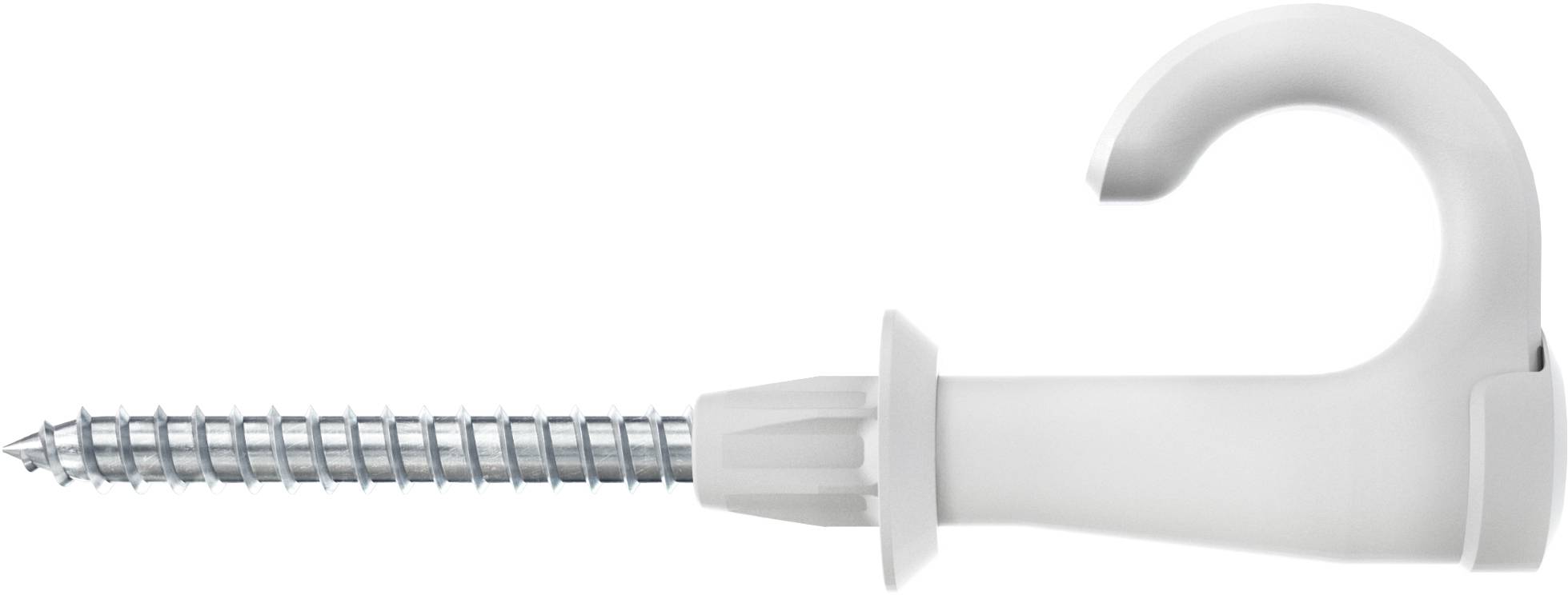 Ein weißer Haken mit integriertem Schraubdübel, zur Befestigung in Wänden und Decken, geeignet für leichte bis mittlere Lasten.
