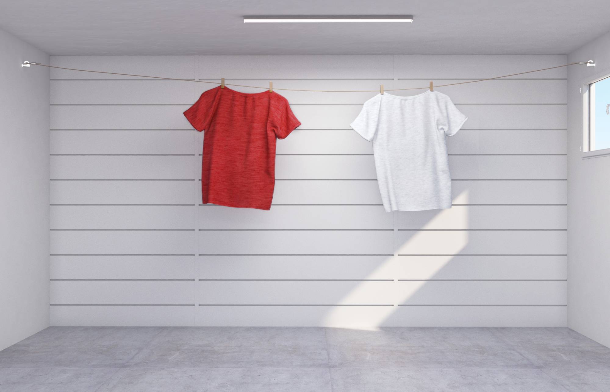 Zwei T-Shirts, eines rot und eines weiß, hängen nebeneinander an einer Wäscheleine in einem hell beleuchteten, minimalistischen Zimmer mit einer Lamellenwand und einem kleinen Fenster.